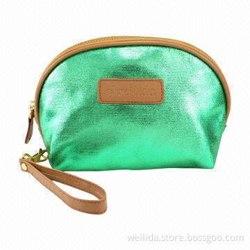 Canvas Makeup Bag with Foil Green Coating, 19 x 8 x 13cm, Wrist Handle and Embossed Logo